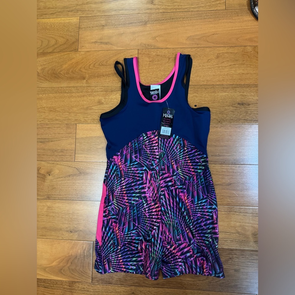 Navy & Hot Pink Geometric Active Tank Biketard